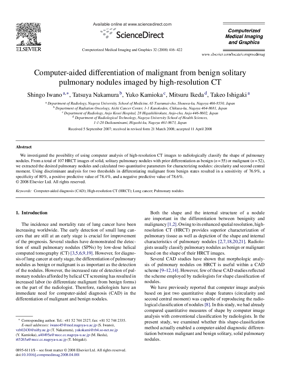 Computer-aided differentiation of malignant from benign solitary pulmonary nodules imaged by high-resolution CT