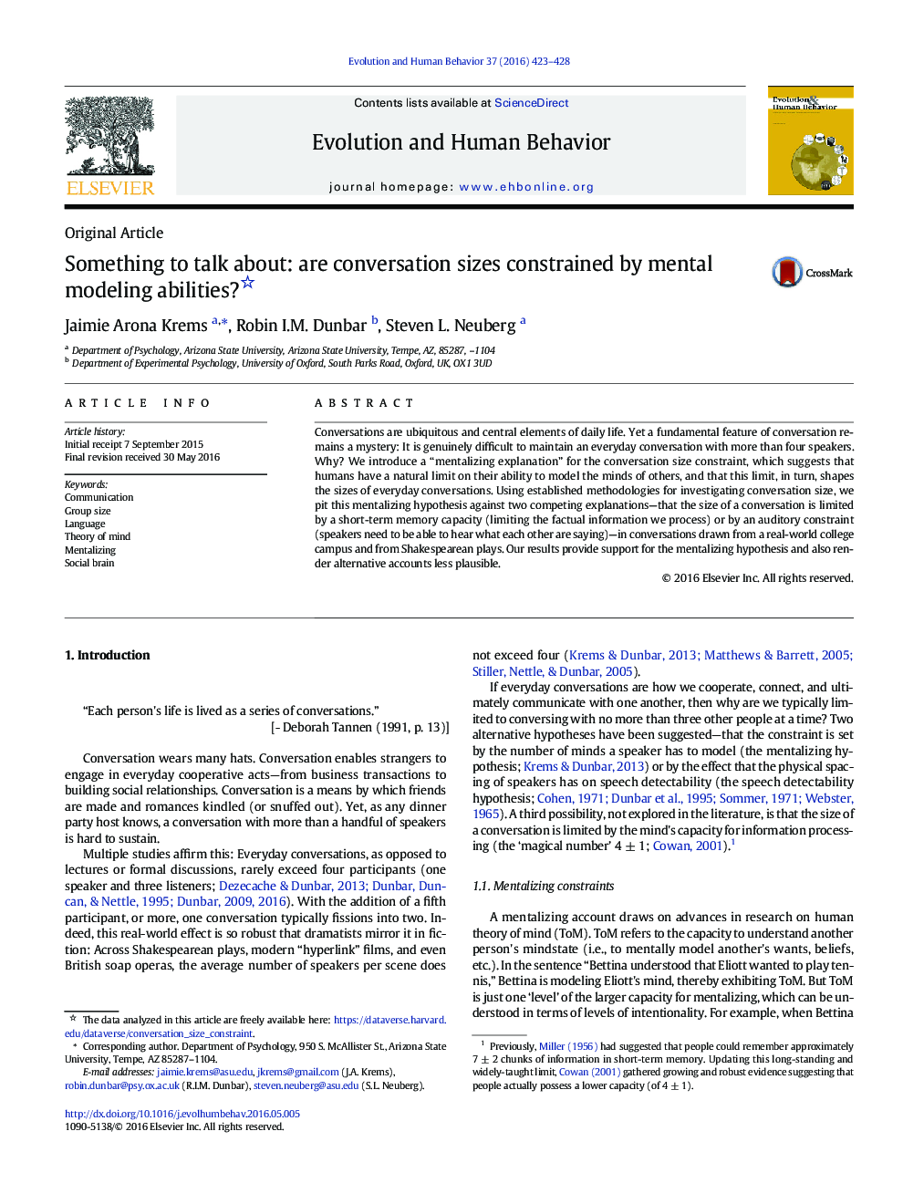 Something to talk about: are conversation sizes constrained by mental modeling abilities?