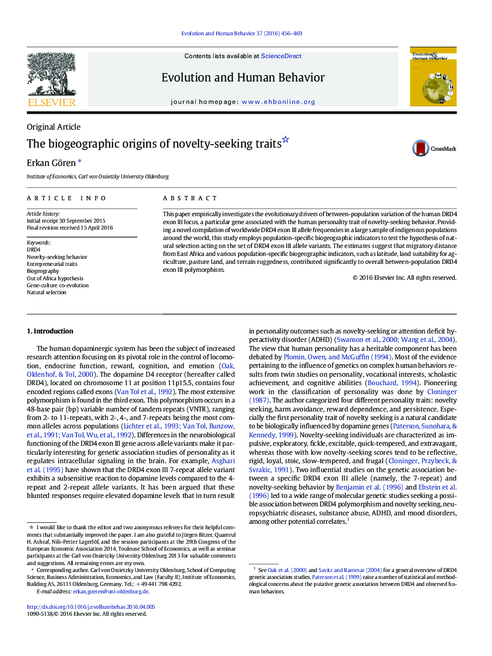 The biogeographic origins of novelty-seeking traits