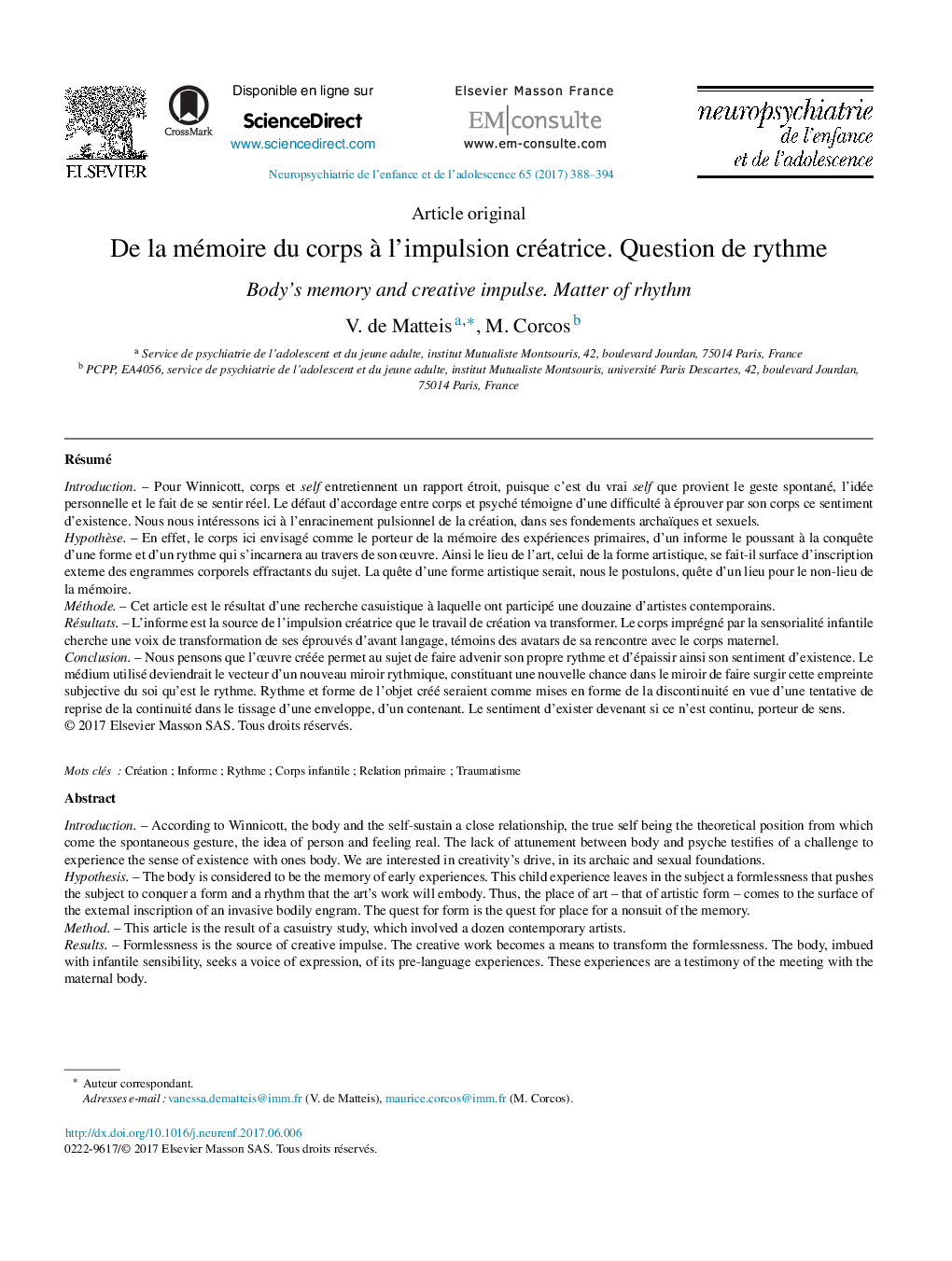 عکس صفحه اول مقاله: De la mémoire du corps à l'impulsion créatrice. Question de rythme De la mémoire du corps à l'impulsion créatrice. Question de rythme