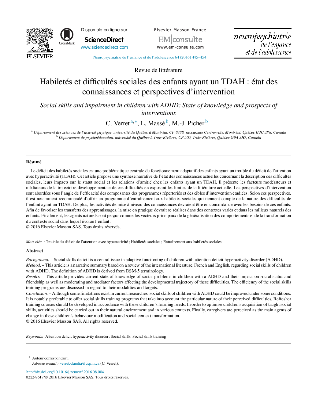 Habiletés et difficultés sociales des enfants ayant un TDAHÂ : état des connaissances et perspectives d'intervention