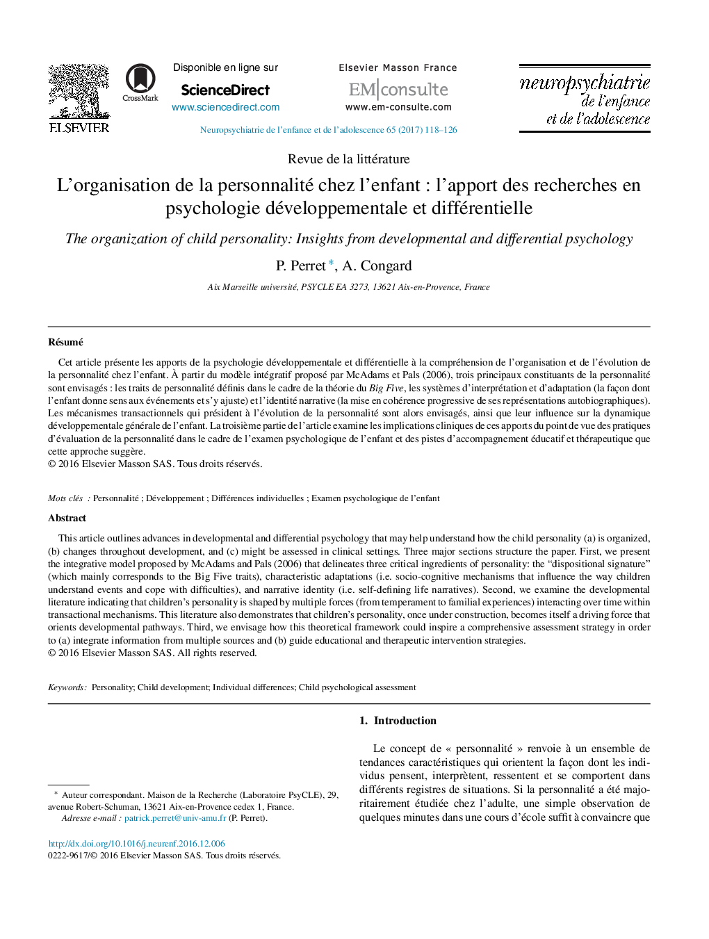 L'organisation de la personnalité chez l'enfantÂ : l'apport des recherches en psychologie développementale et différentielle