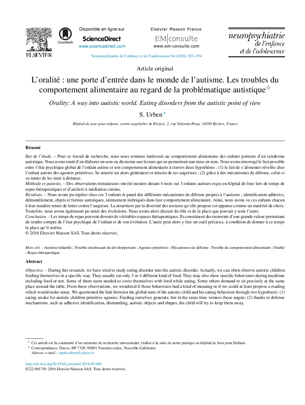 L'oralitéÂ : une porte d'entrée dans le monde de l'autisme. Les troubles du comportement alimentaire au regard de la problématique autistique