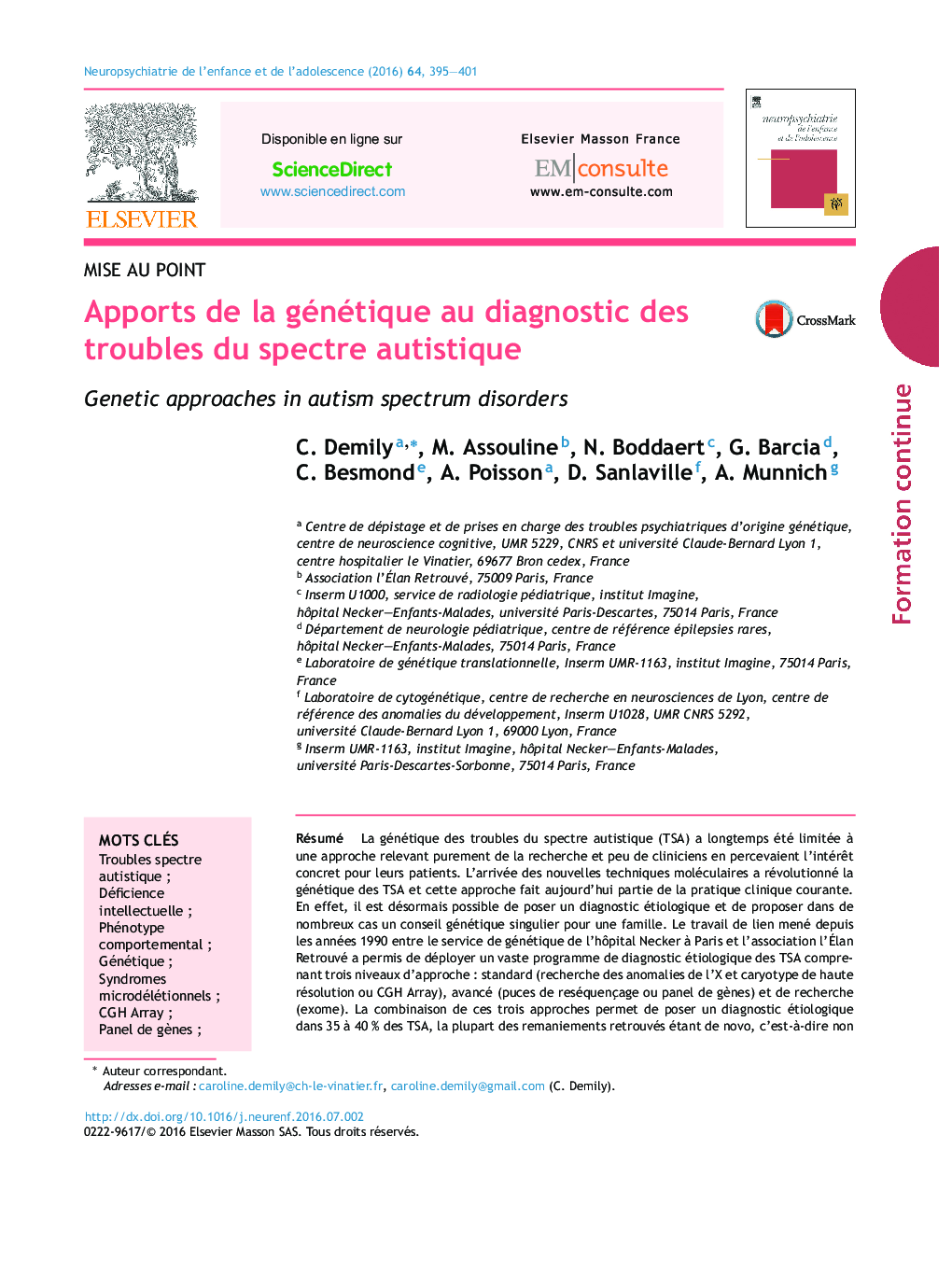 Apports de la génétique au diagnostic des troubles du spectre autistique