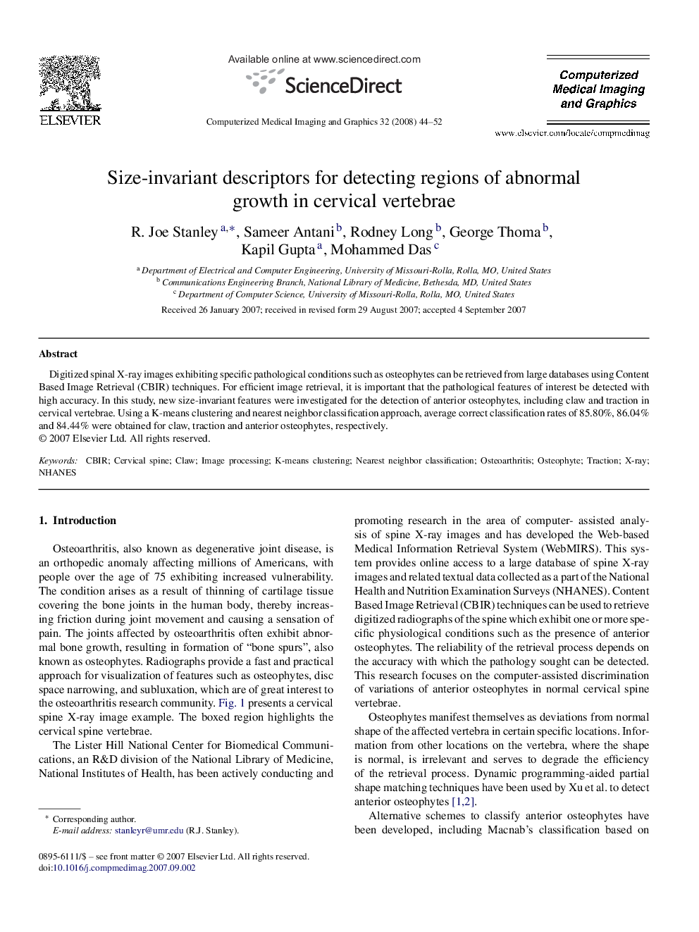 Size-invariant descriptors for detecting regions of abnormal growth in cervical vertebrae