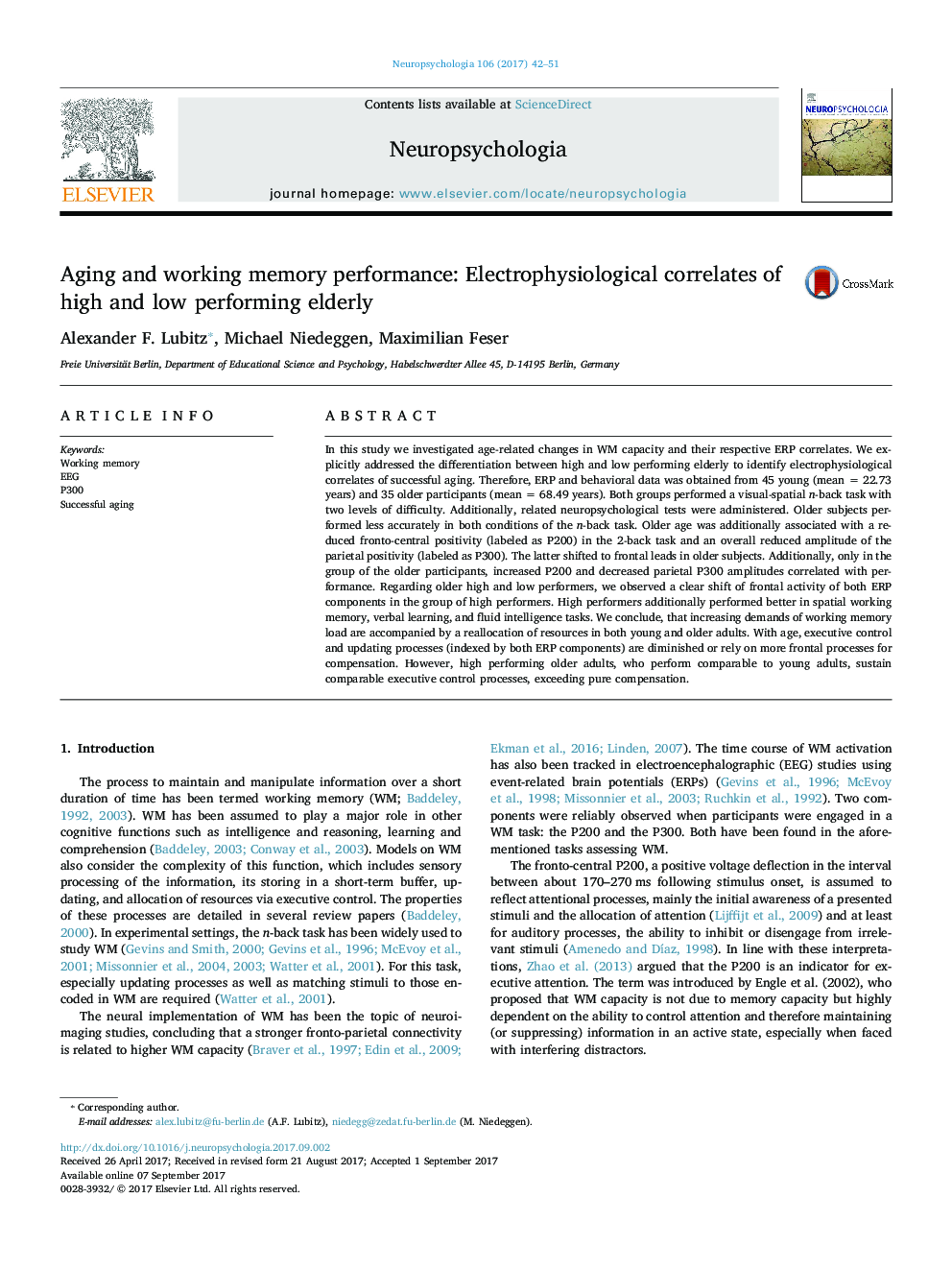 Aging and working memory performance: Electrophysiological correlates of high and low performing elderly