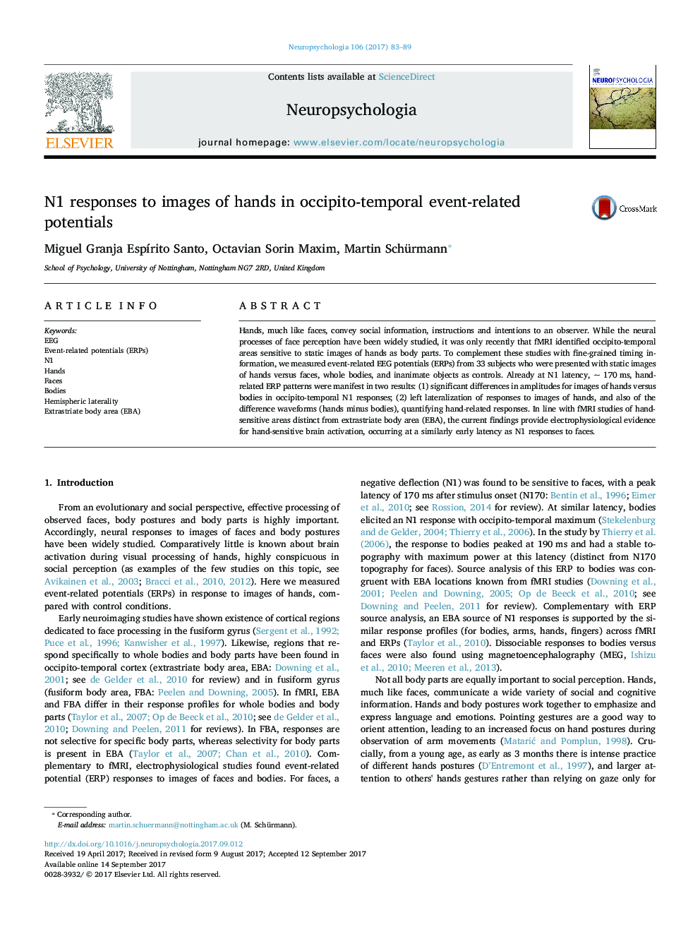 N1 responses to images of hands in occipito-temporal event-related potentials