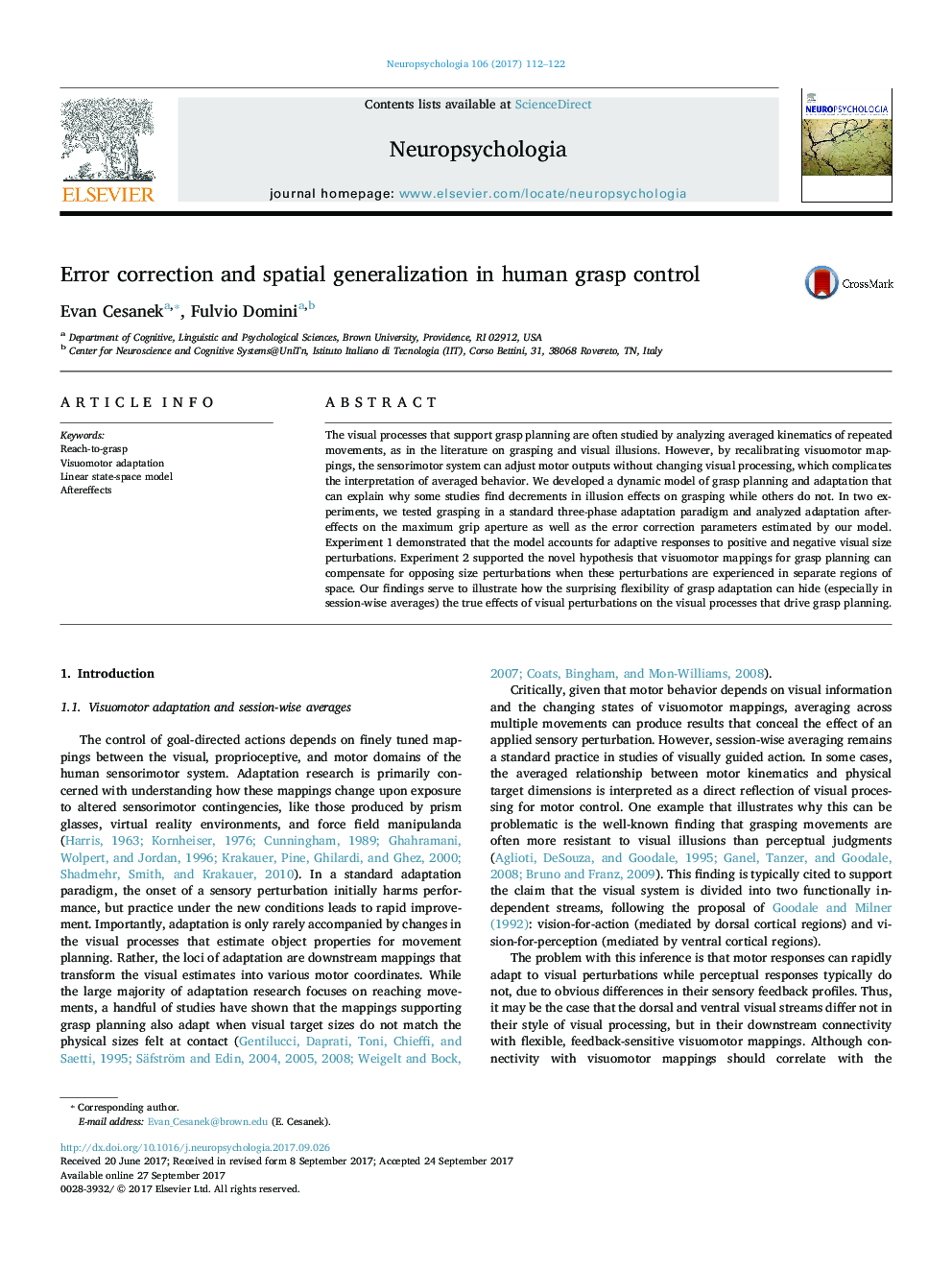 Error correction and spatial generalization in human grasp control