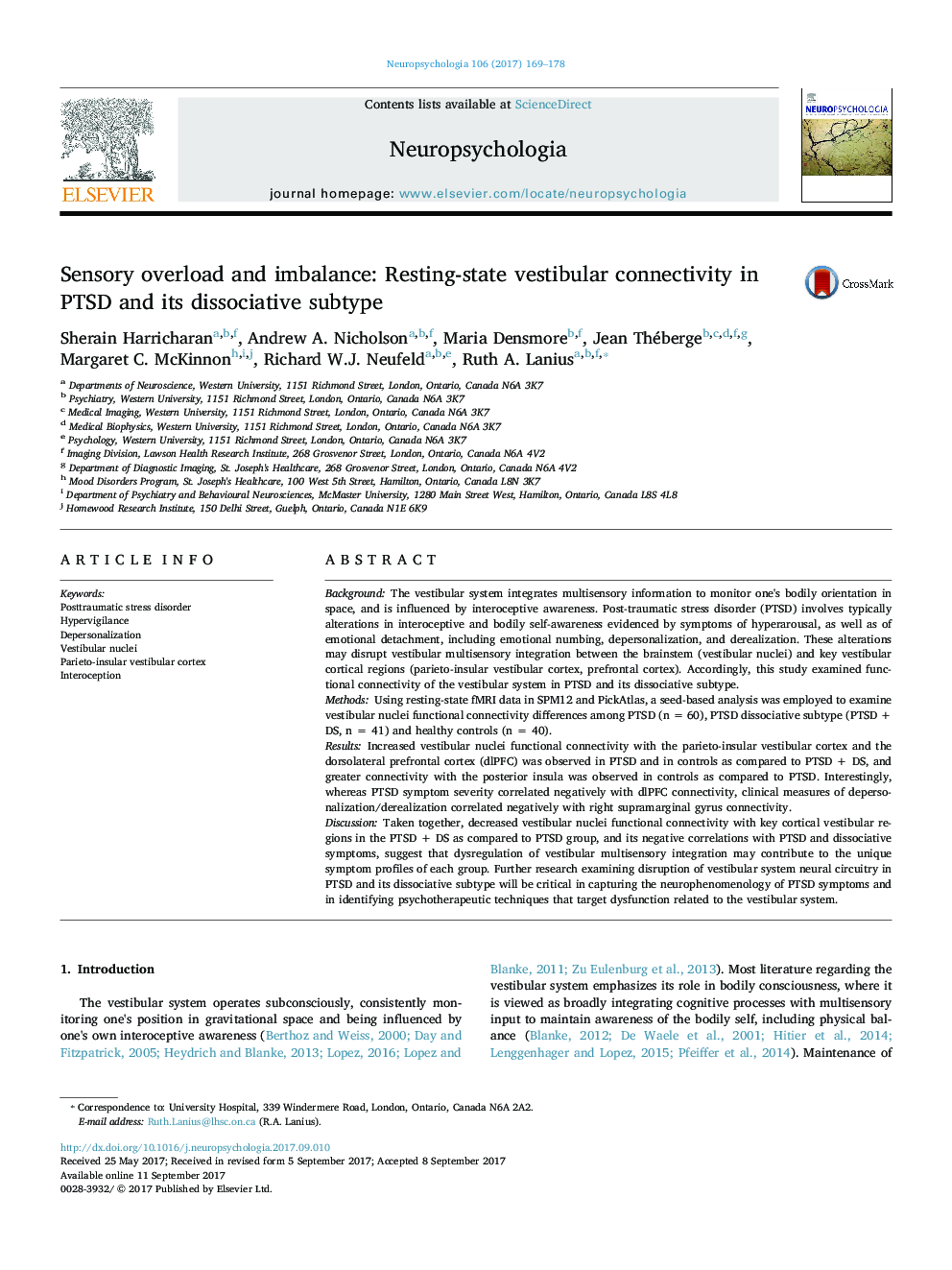 Sensory overload and imbalance: Resting-state vestibular connectivity in PTSD and its dissociative subtype