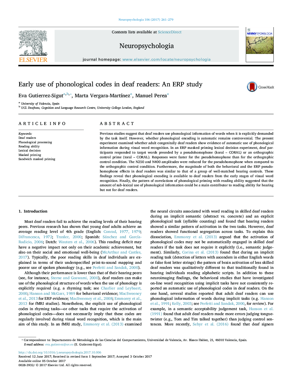 Early use of phonological codes in deaf readers: An ERP study