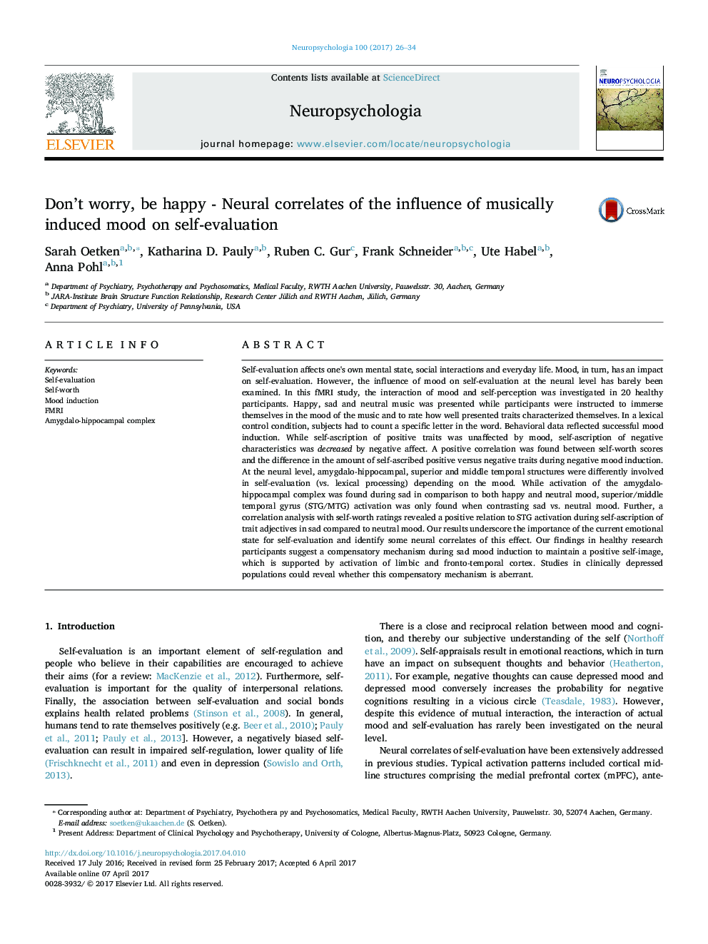 Don't worry, be happy - Neural correlates of the influence of musically induced mood on self-evaluation