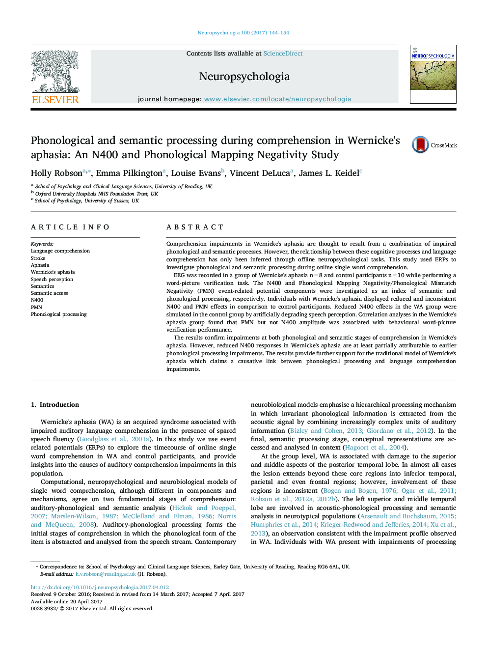 Phonological and semantic processing during comprehension in Wernicke's aphasia: An N400 and Phonological Mapping Negativity Study