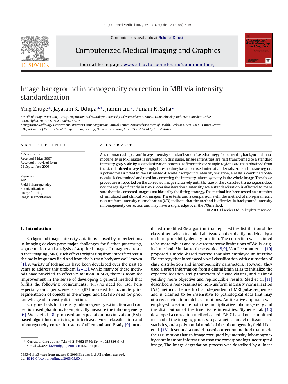 Image background inhomogeneity correction in MRI via intensity standardization