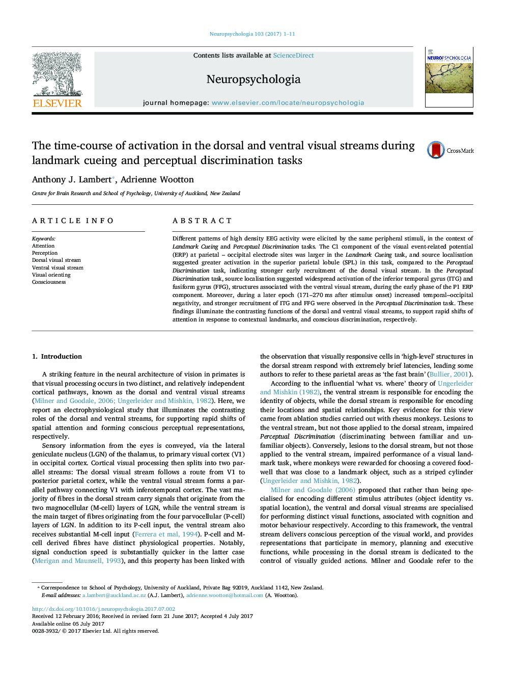 The time-course of activation in the dorsal and ventral visual streams during landmark cueing and perceptual discrimination tasks