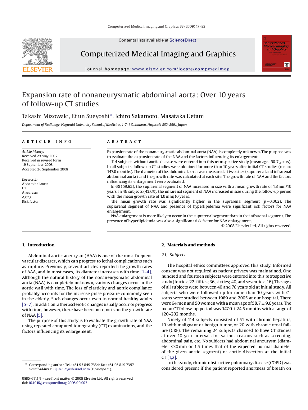 Expansion rate of nonaneurysmatic abdominal aorta: Over 10 years of follow-up CT studies