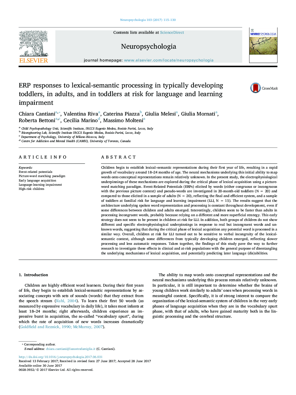 ERP responses to lexical-semantic processing in typically developing toddlers, in adults, and in toddlers at risk for language and learning impairment