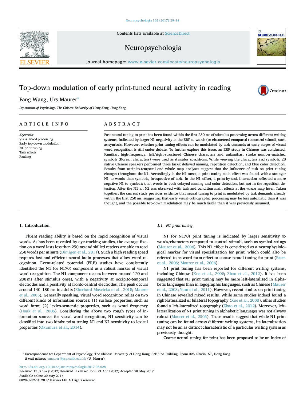 Top-down modulation of early print-tuned neural activity in reading