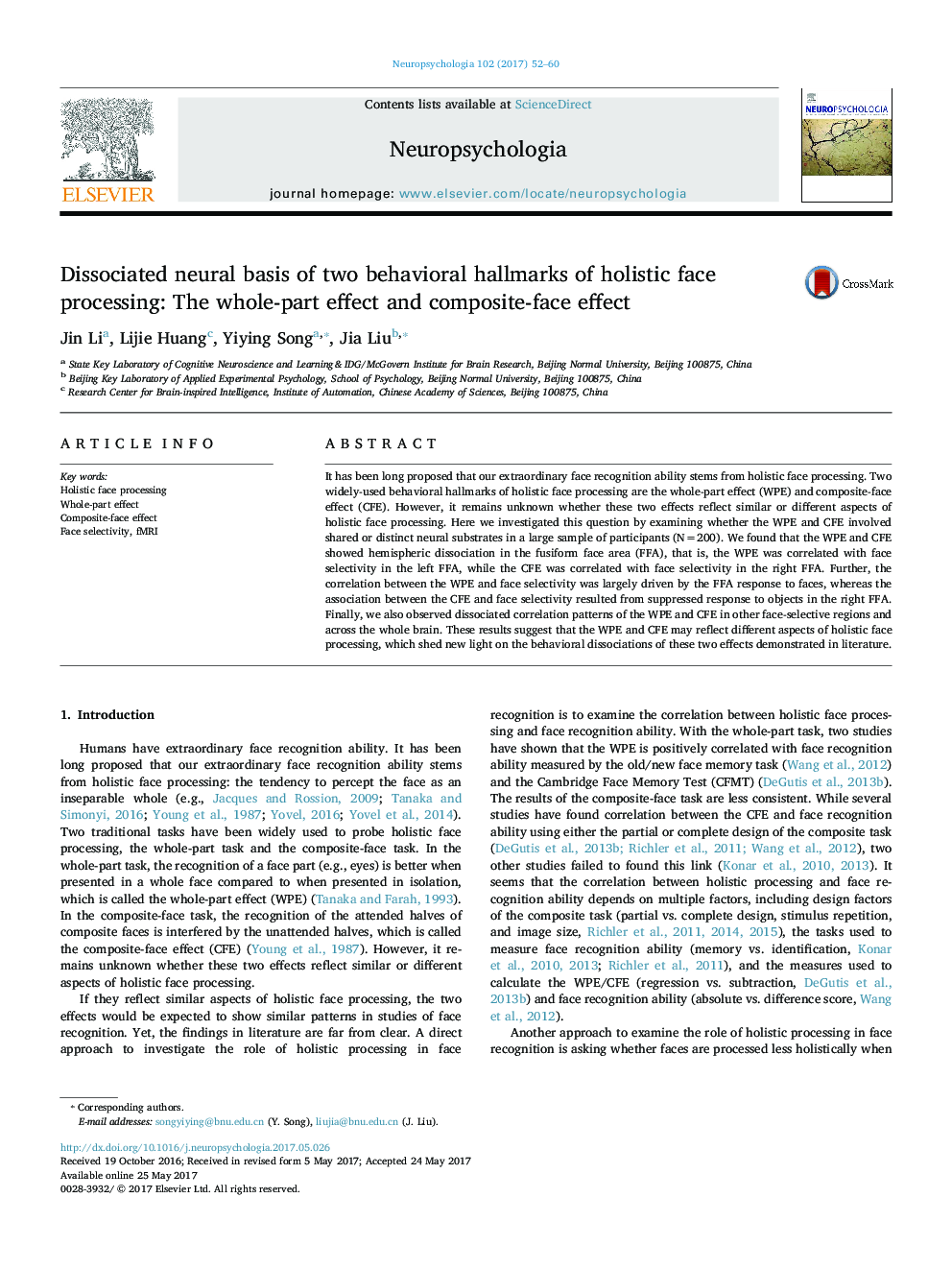 Dissociated neural basis of two behavioral hallmarks of holistic face processing: The whole-part effect and composite-face effect