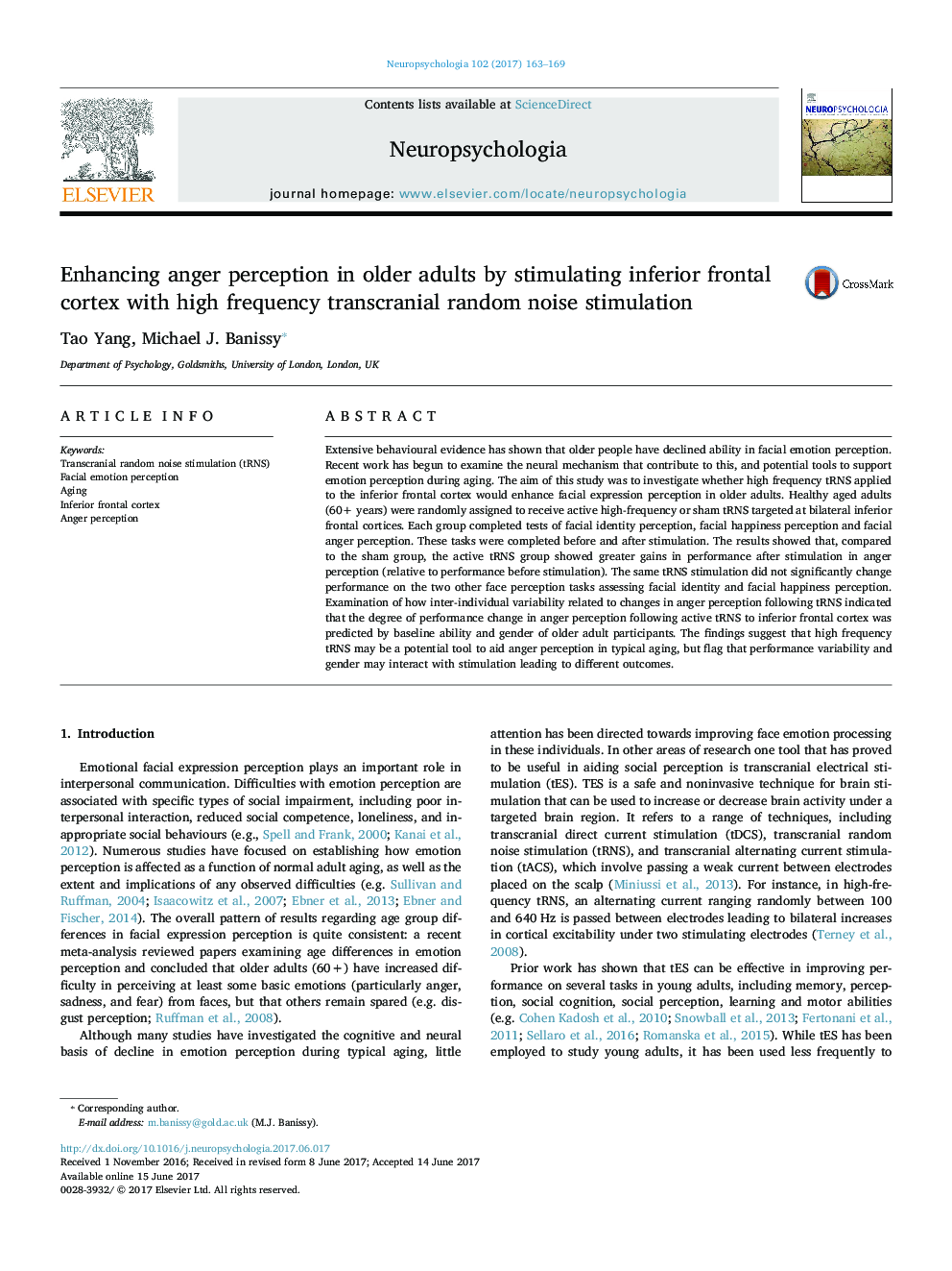 Enhancing anger perception in older adults by stimulating inferior frontal cortex with high frequency transcranial random noise stimulation