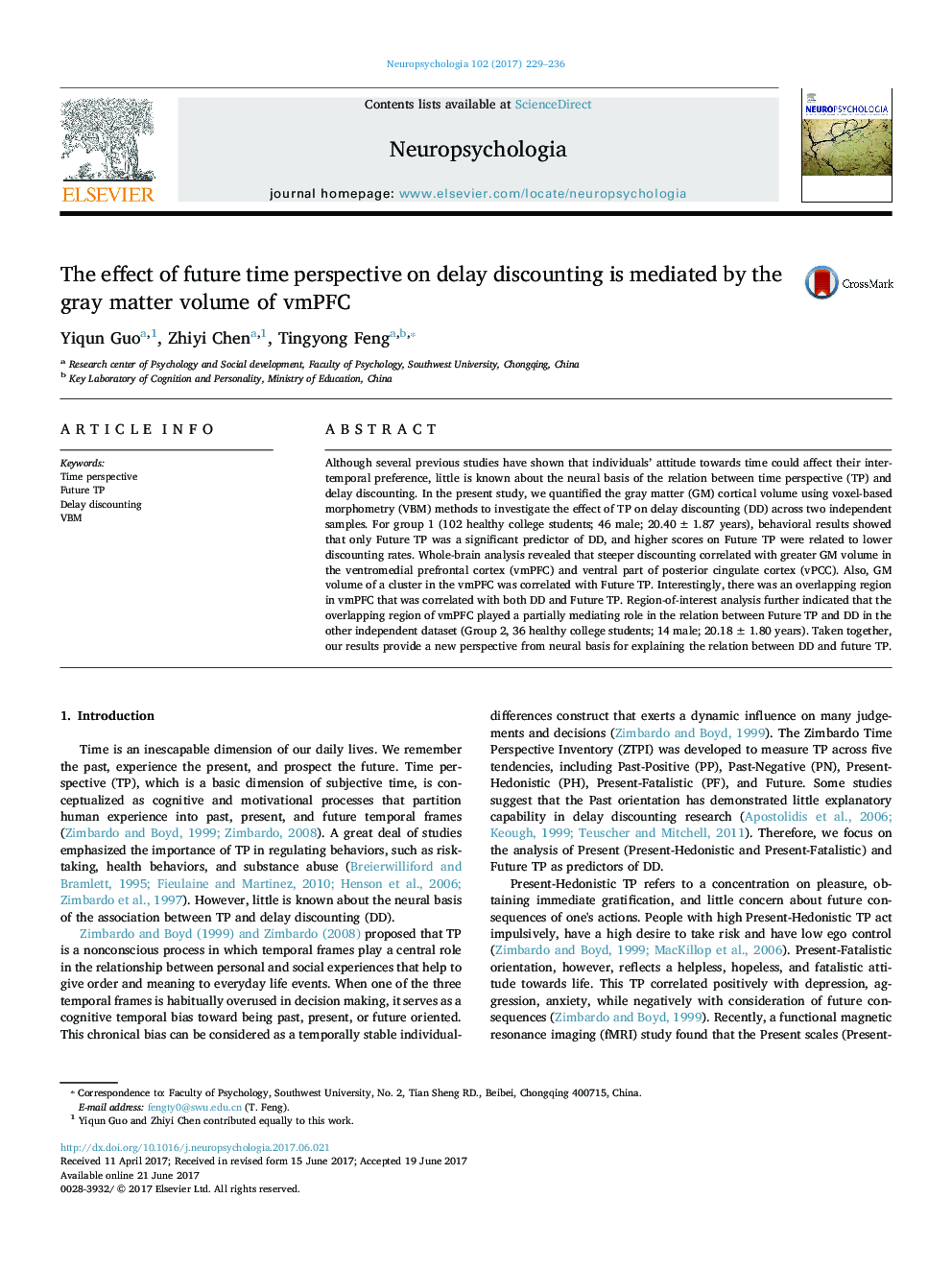 The effect of future time perspective on delay discounting is mediated by the gray matter volume of vmPFC