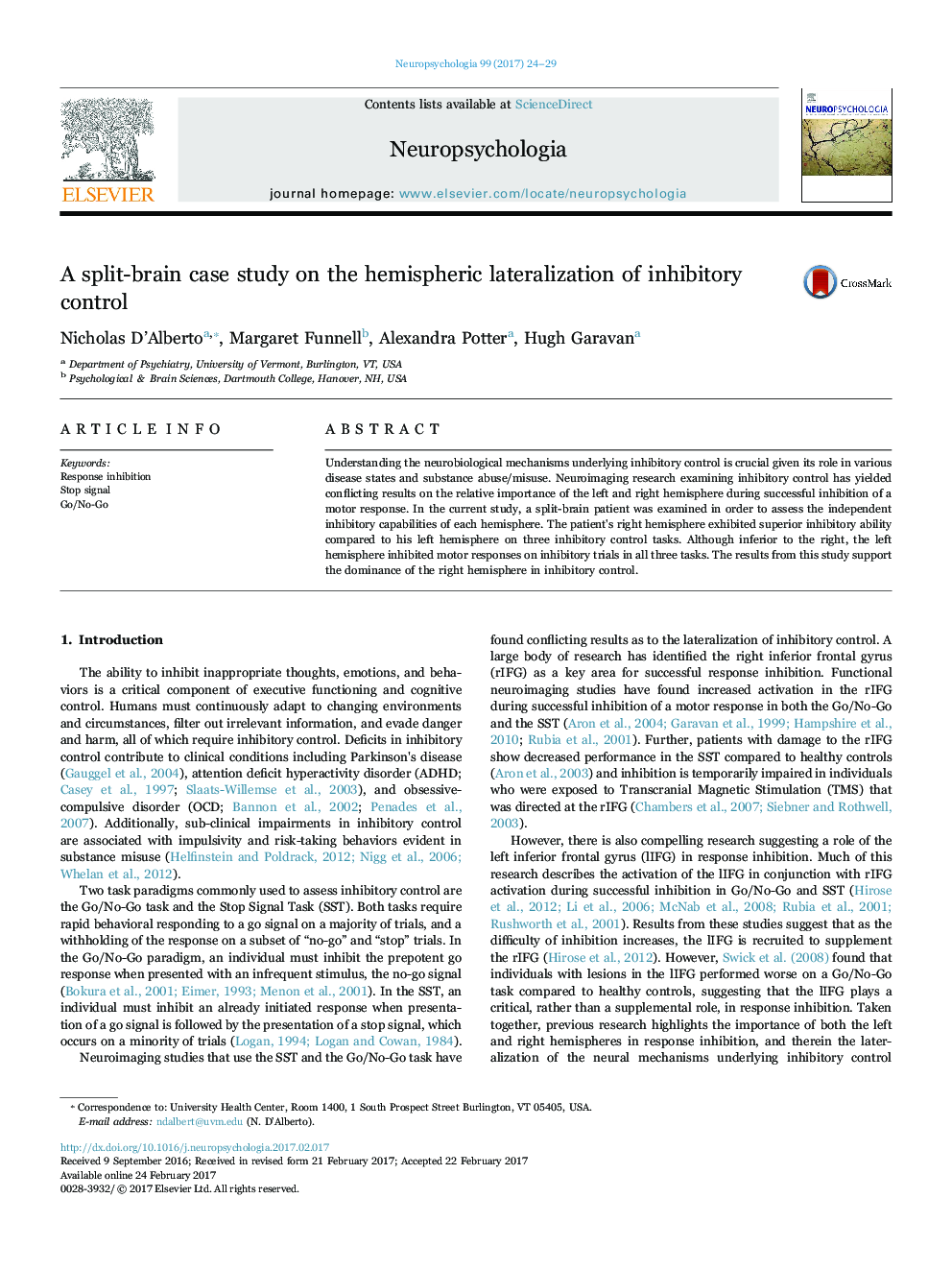 A split-brain case study on the hemispheric lateralization of inhibitory control