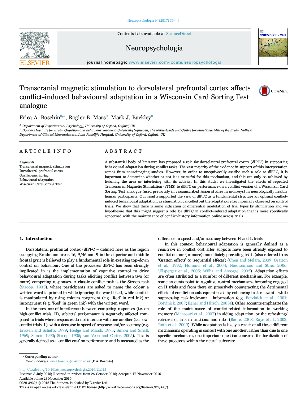 Transcranial magnetic stimulation to dorsolateral prefrontal cortex affects conflict-induced behavioural adaptation in a Wisconsin Card Sorting Test analogue