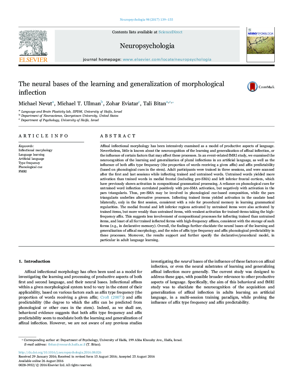 The neural bases of the learning and generalization of morphological inflection