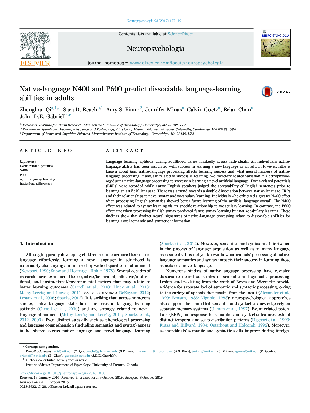 Native-language N400 and P600 predict dissociable language-learning abilities in adults