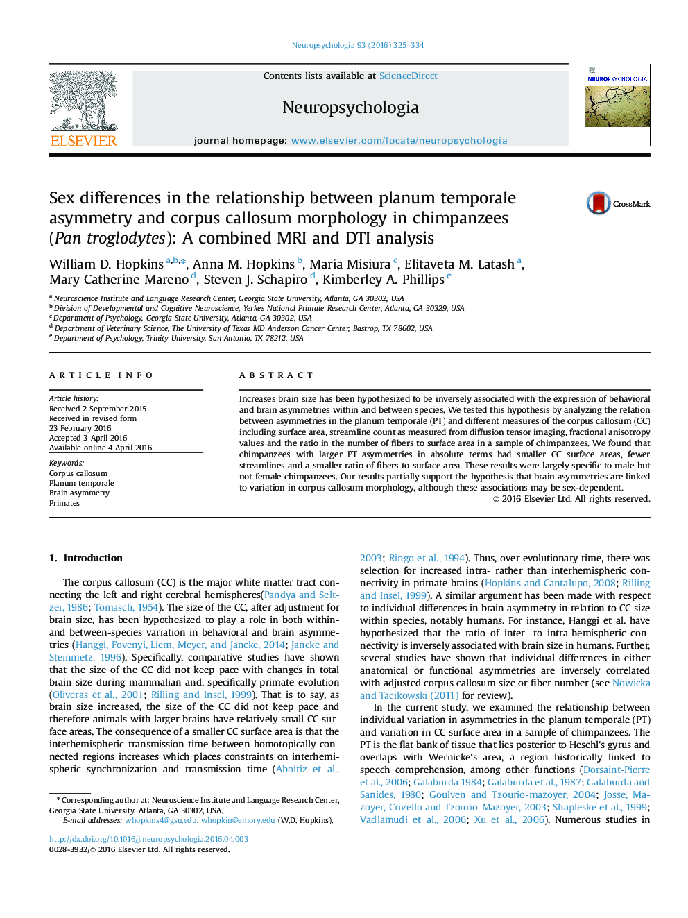 Sex differences in the relationship between planum temporale asymmetry and corpus callosum morphology in chimpanzees (Pan troglodytes): A combined MRI and DTI analysis