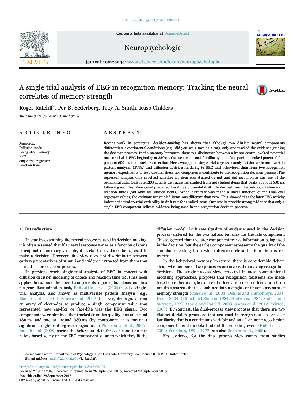 A single trial analysis of EEG in recognition memory: Tracking the neural correlates of memory strength