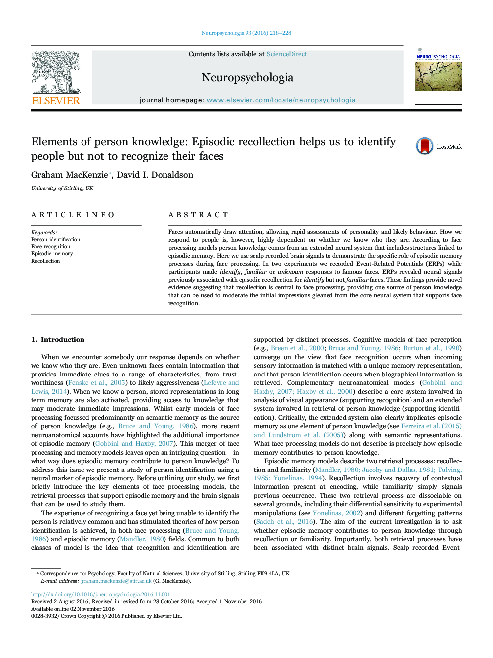 Elements of person knowledge: Episodic recollection helps us to identify people but not to recognize their faces