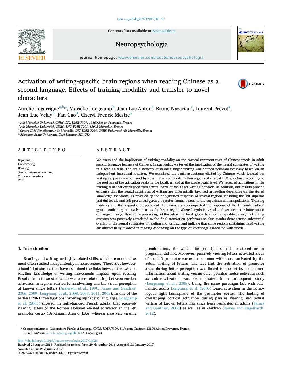 Activation of writing-specific brain regions when reading Chinese as a second language. Effects of training modality and transfer to novel characters