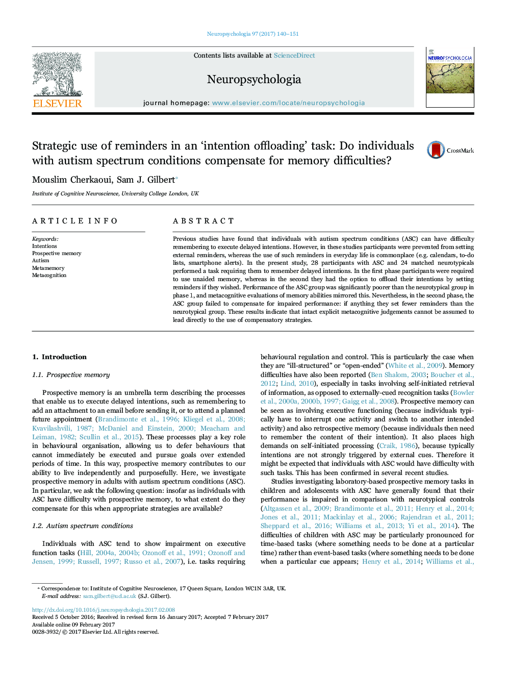 Strategic use of reminders in an 'intention offloading' task: Do individuals with autism spectrum conditions compensate for memory difficulties?