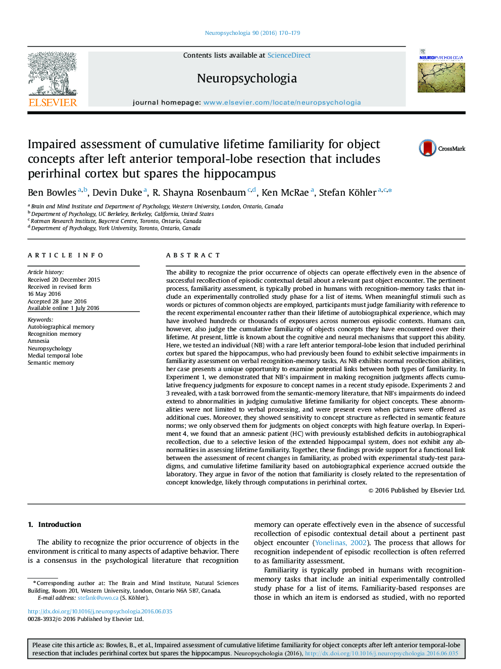 Impaired assessment of cumulative lifetime familiarity for object concepts after left anterior temporal-lobe resection that includes perirhinal cortex but spares the hippocampus