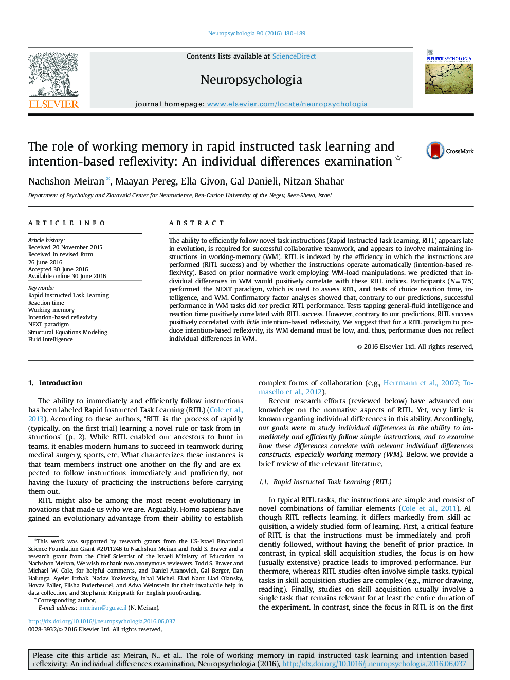 The role of working memory in rapid instructed task learning and intention-based reflexivity: An individual differences examination