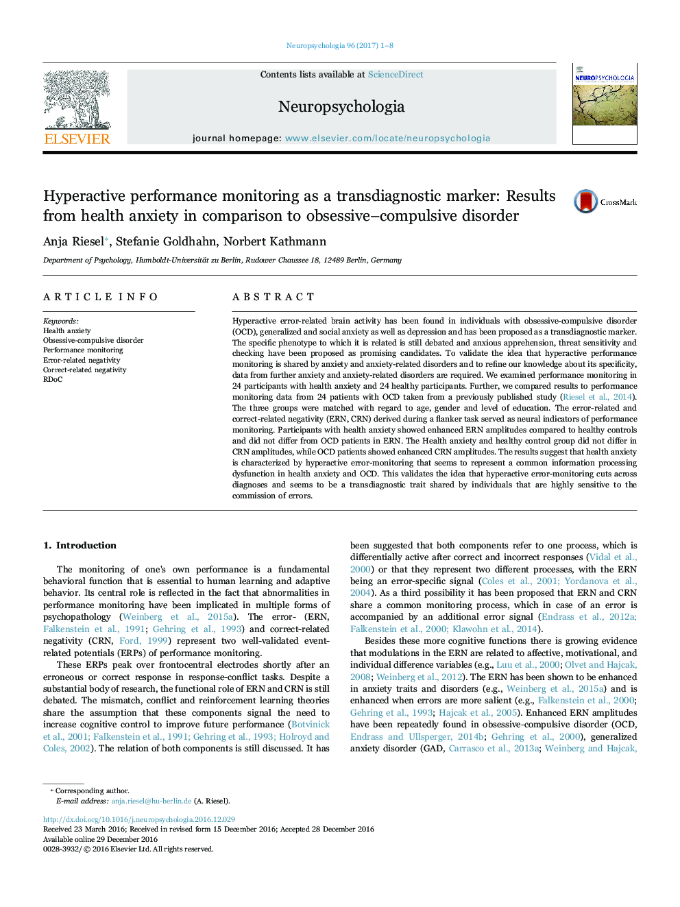 Hyperactive performance monitoring as a transdiagnostic marker: Results from health anxiety in comparison to obsessive-compulsive disorder