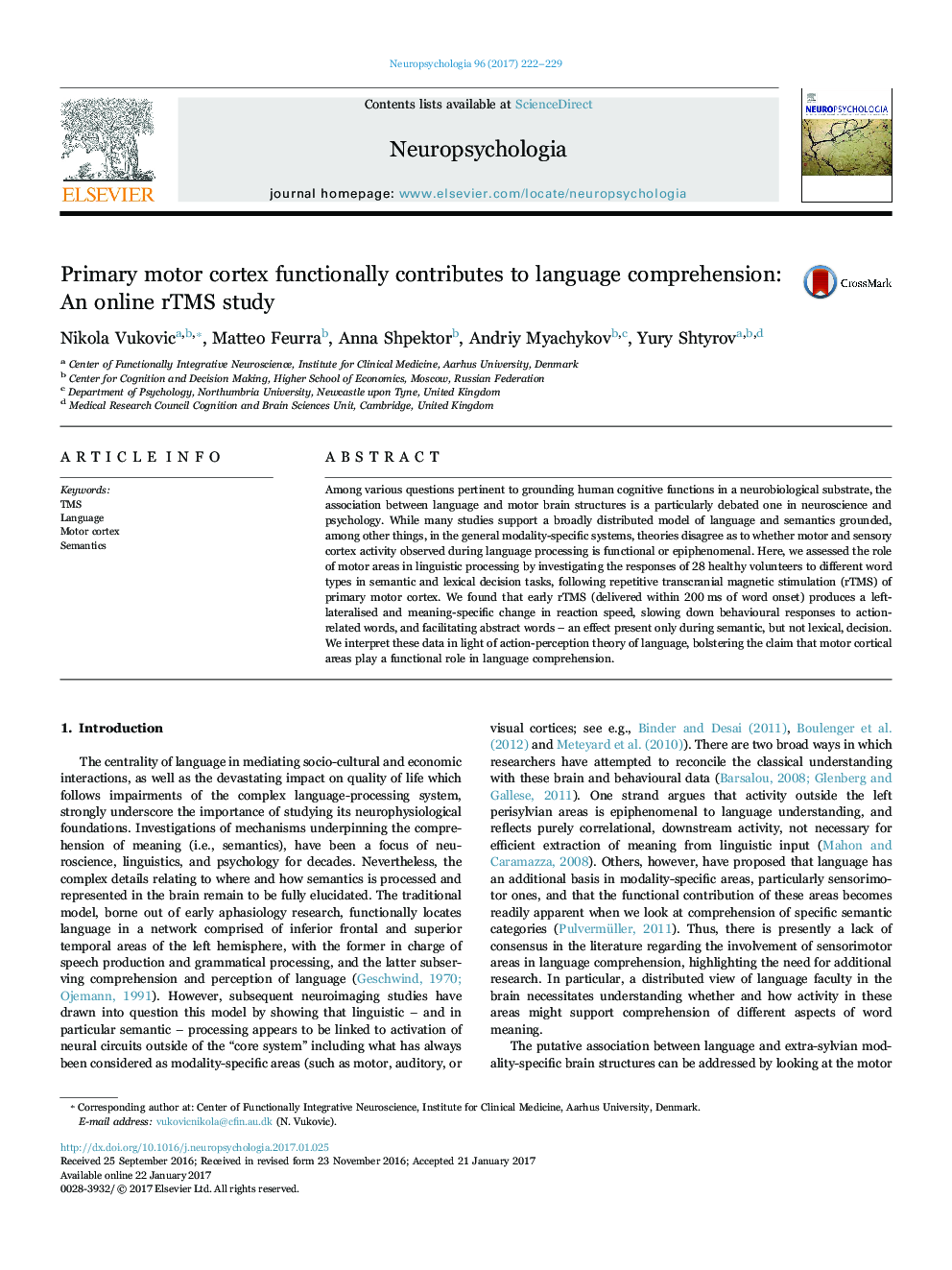 Primary motor cortex functionally contributes to language comprehension: An online rTMS study