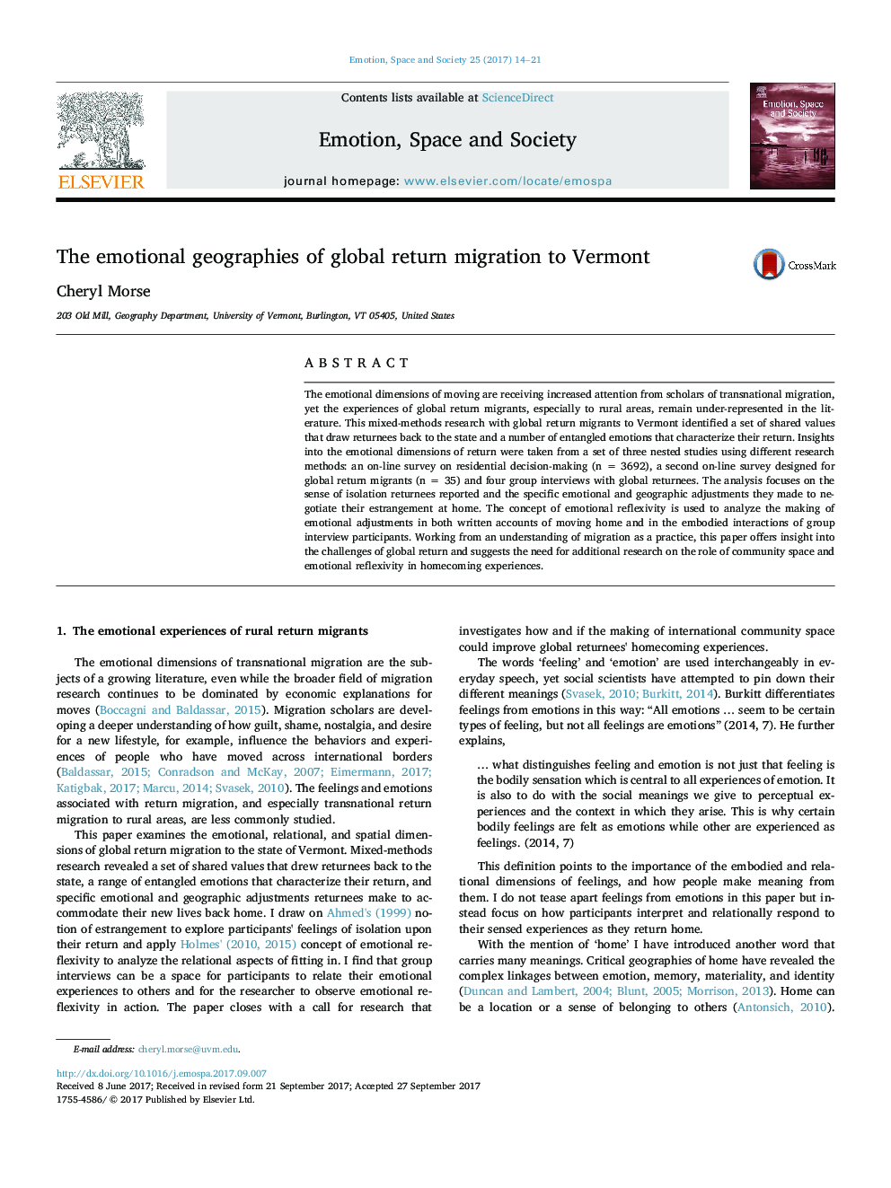 The emotional geographies of global return migration to Vermont