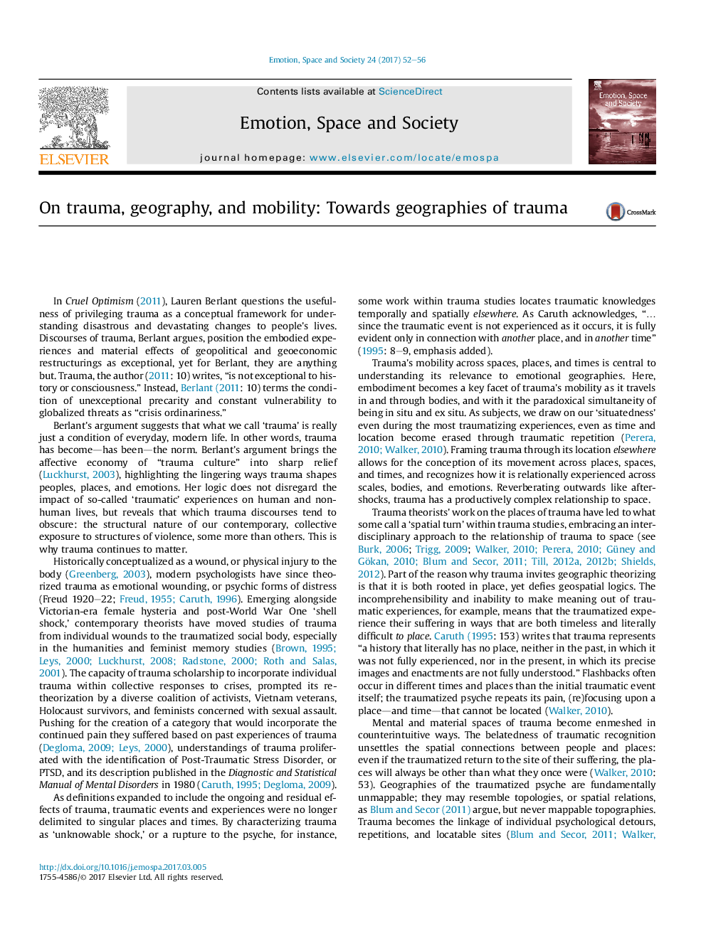 On trauma, geography, and mobility: Towards geographies of trauma