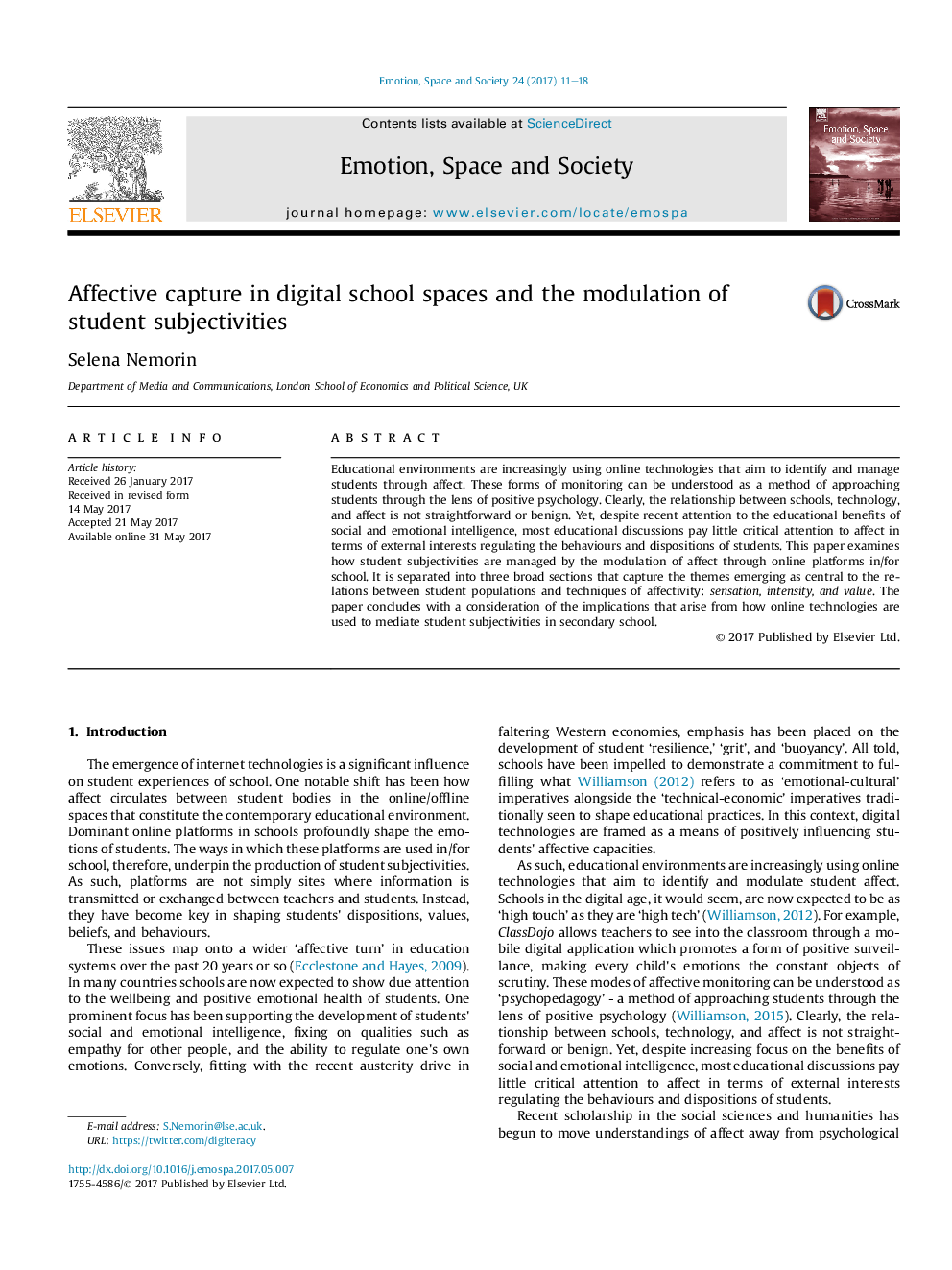 Affective capture in digital school spaces and the modulation of student subjectivities