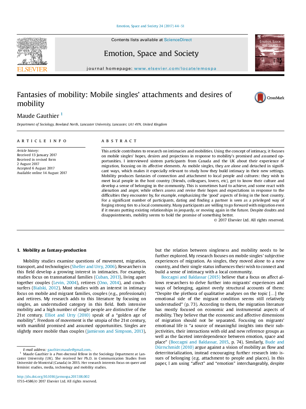 Fantasies of mobility: Mobile singles' attachments and desires of mobility