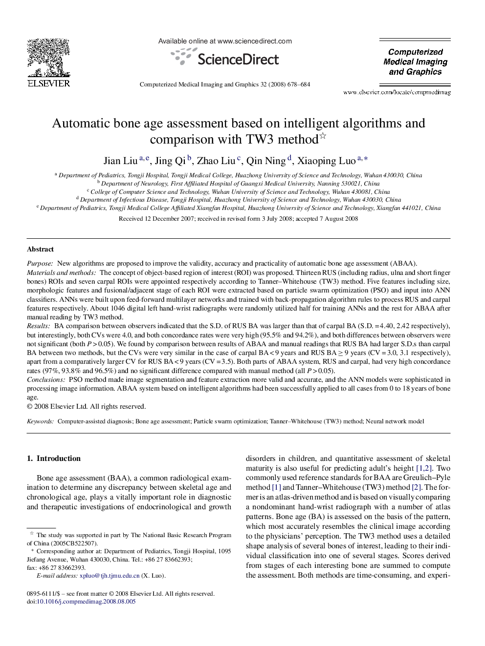 Automatic bone age assessment based on intelligent algorithms and comparison with TW3 method 