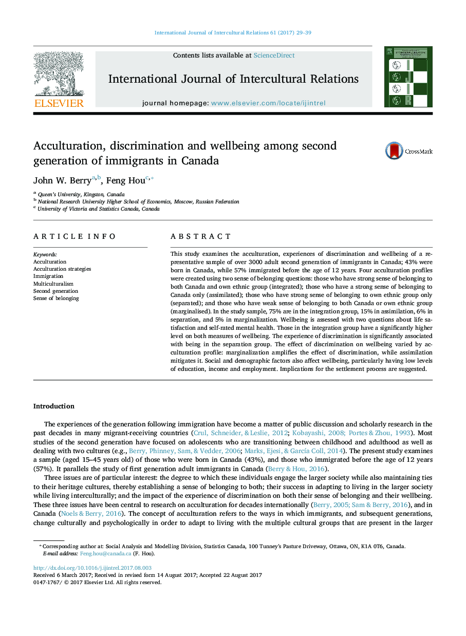 Acculturation, discrimination and wellbeing among second generation of immigrants in Canada