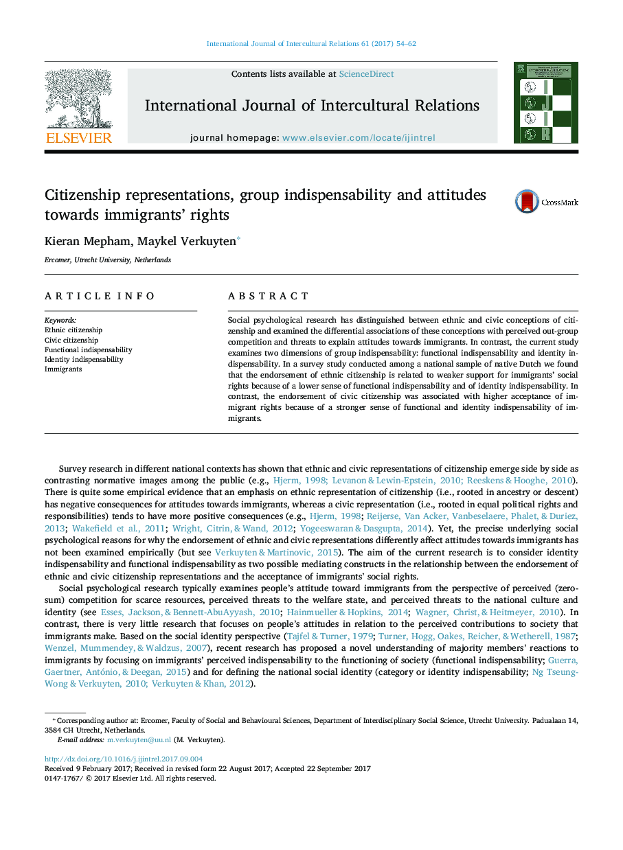 Citizenship representations, group indispensability and attitudes towards immigrants' rights