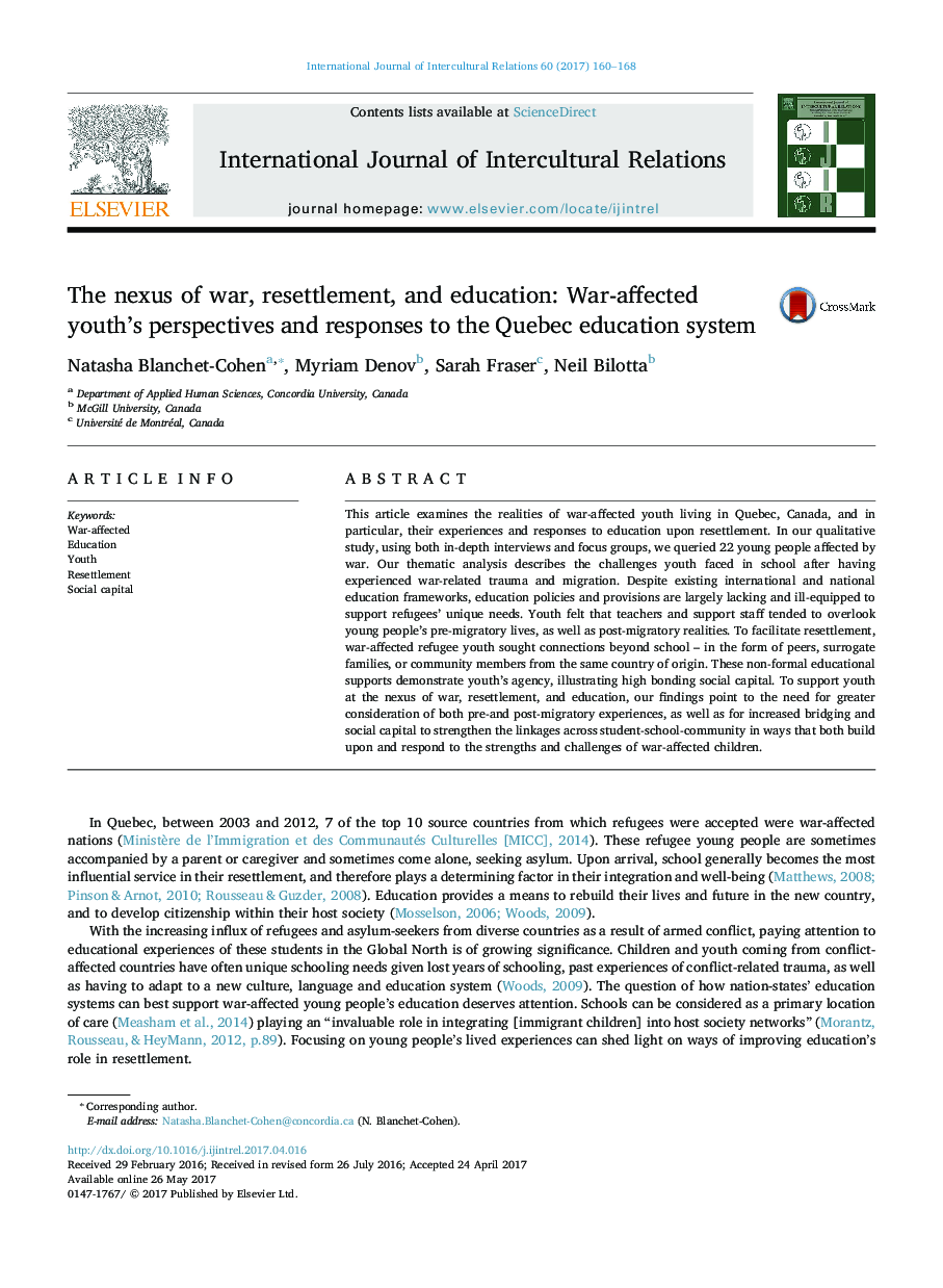 The nexus of war, resettlement, and education: War-affected youth's perspectives and responses to the Quebec education system