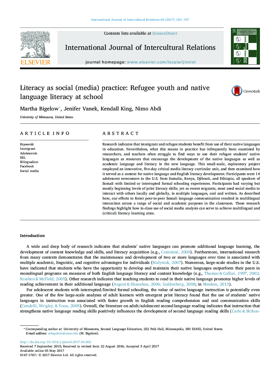 Literacy as social (media) practice: Refugee youth and native language literacy at school