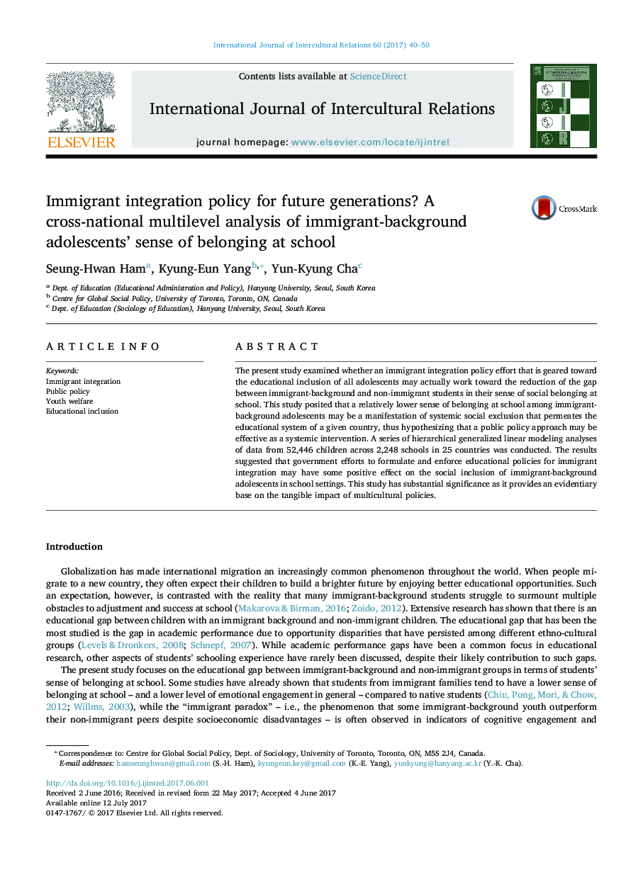 Immigrant integration policy for future generations? A cross-national multilevel analysis of immigrant-background adolescents' sense of belonging at school