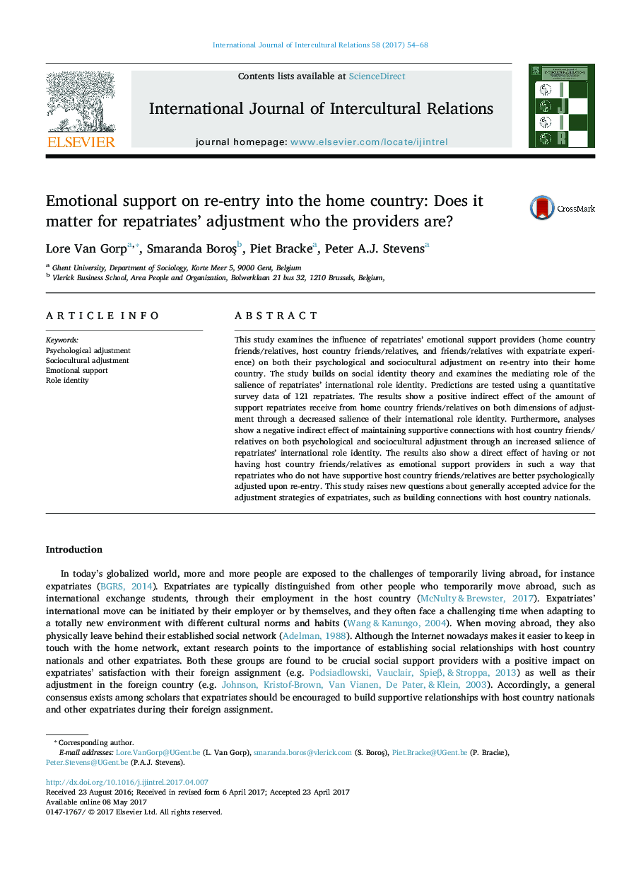 Emotional support on re-entry into the home country: Does it matter for repatriates' adjustment who the providers are?