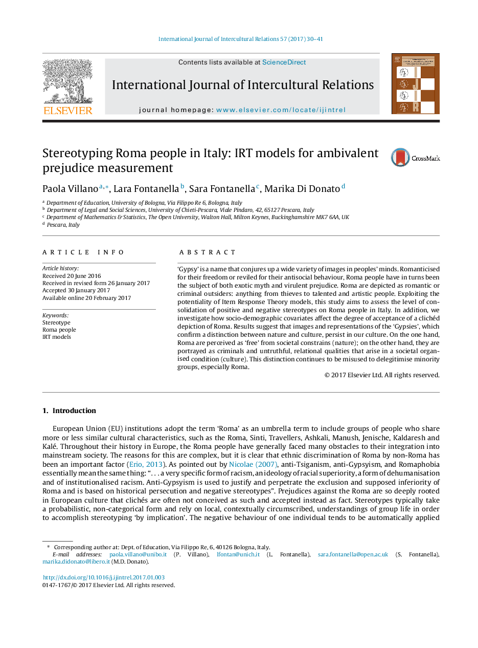 Stereotyping Roma people in Italy: IRT models for ambivalent prejudice measurement