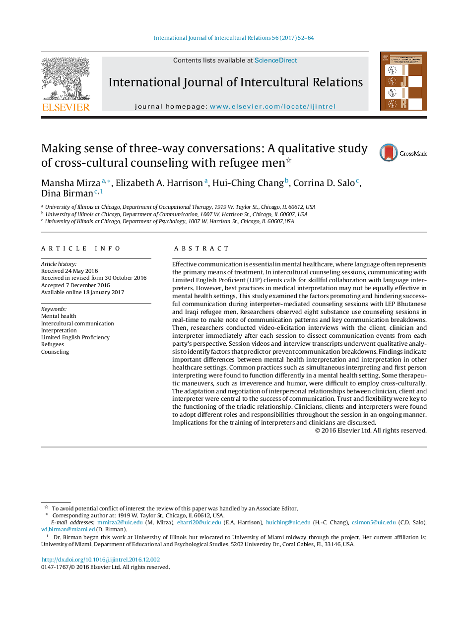 Making sense of three-way conversations: A qualitative study of cross-cultural counseling with refugee men